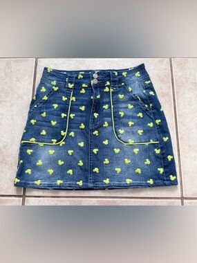 Disney Dark Blue Denim Mini Skirt with Neon Green Mickey Dot Print